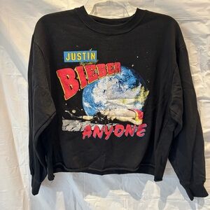 Justin Bieber Black Crop Crewneck Sweatshirt Anymore Music Artist SZ XL NWOT